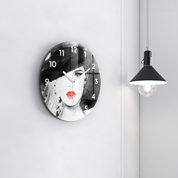 Round glass wall clock Woman in a hat