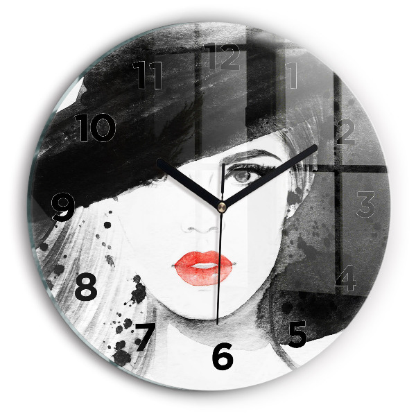 Round glass wall clock Woman in a hat
