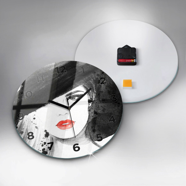 Round glass wall clock Woman in a hat