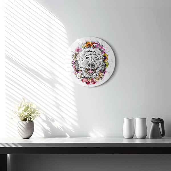 Round glass wall clock Happy dog in flowers