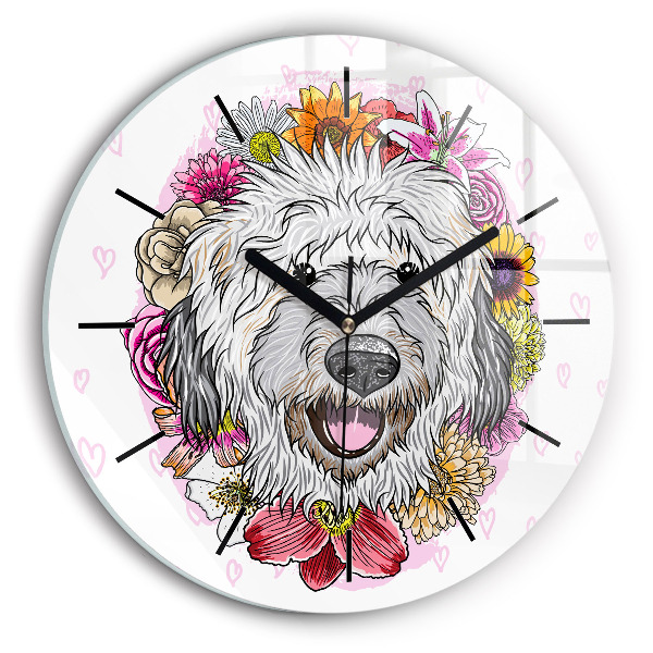 Round glass wall clock Happy dog in flowers