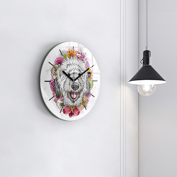Round glass wall clock Happy dog in flowers