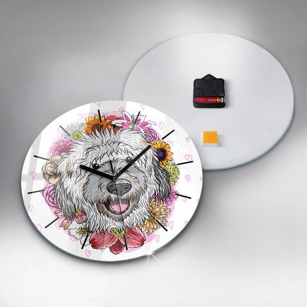 Round glass wall clock Happy dog in flowers