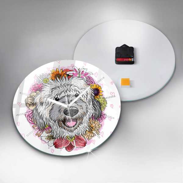 Round glass wall clock Happy dog in flowers