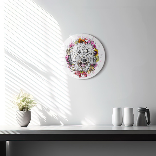 Round glass wall clock Happy dog in flowers