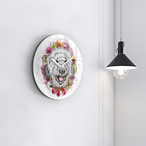 Round glass wall clock Happy dog in flowers