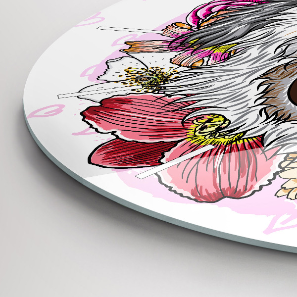 Round glass wall clock Happy dog in flowers