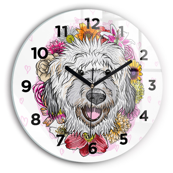 Round glass wall clock Happy dog in flowers