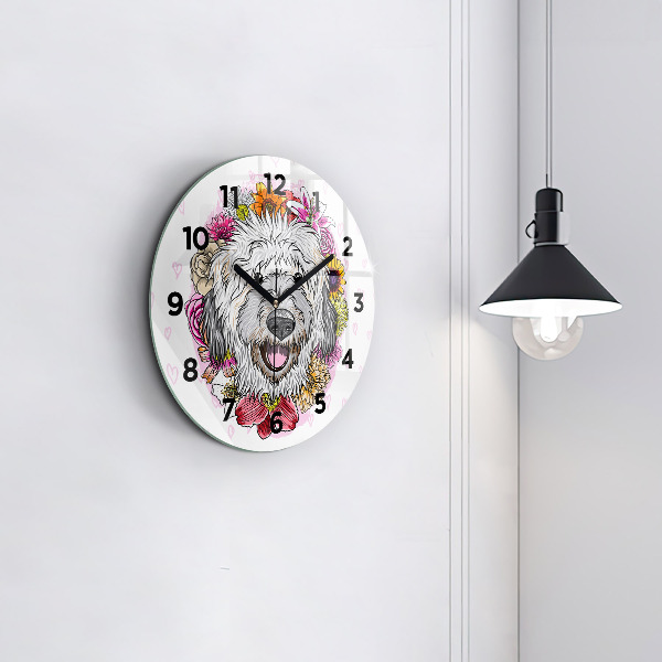 Round glass wall clock Happy dog in flowers