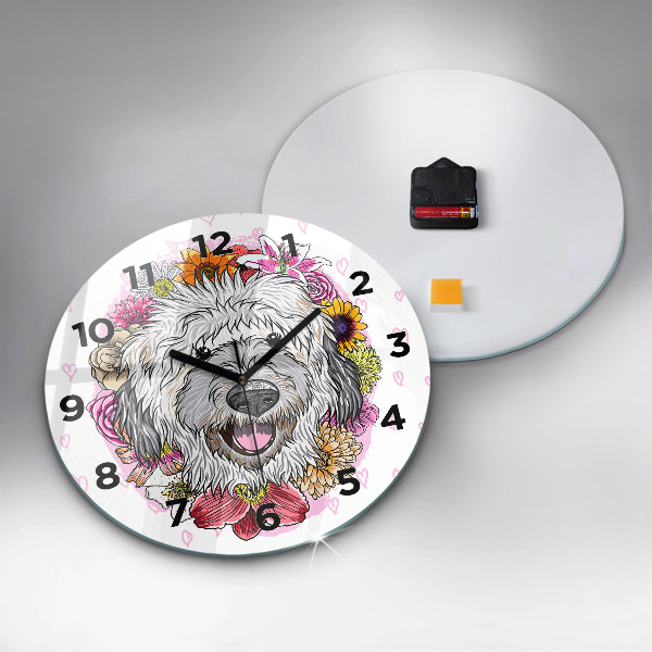Round glass wall clock Happy dog in flowers