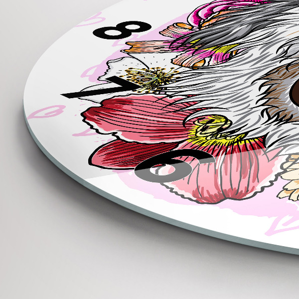 Round glass wall clock Happy dog in flowers