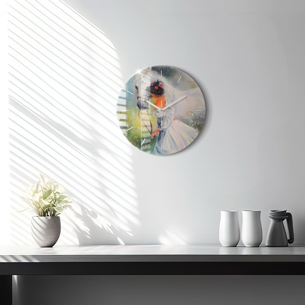 Round glass wall clock Beautiful woman with a horse
