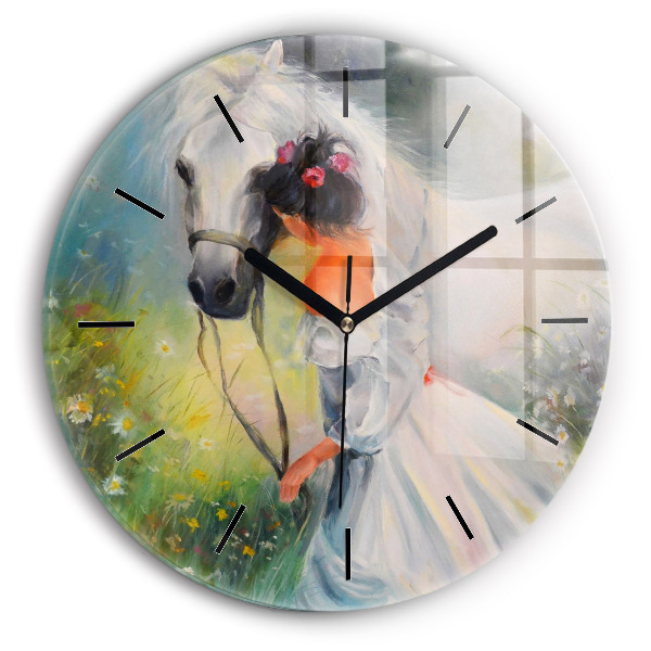 Round glass wall clock Beautiful woman with a horse