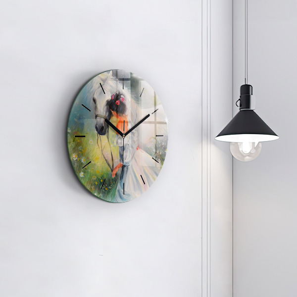 Round glass wall clock Beautiful woman with a horse
