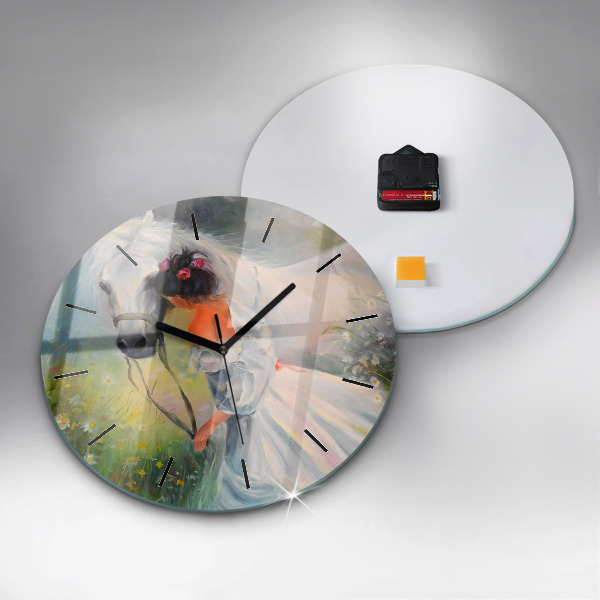 Round glass wall clock Beautiful woman with a horse