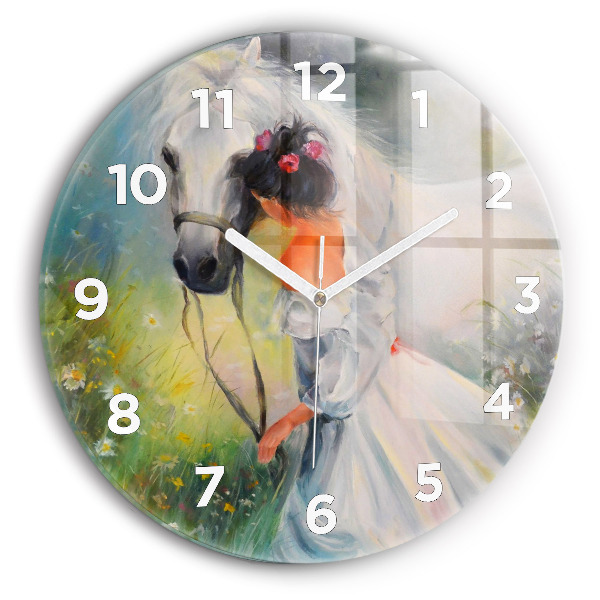 Round glass wall clock Beautiful woman with a horse