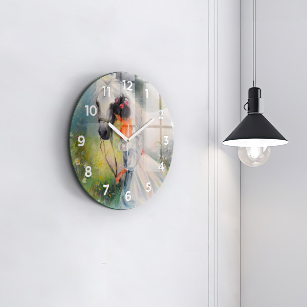 Round glass wall clock Beautiful woman with a horse