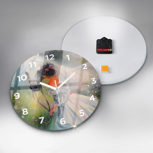 Round glass wall clock Beautiful woman with a horse