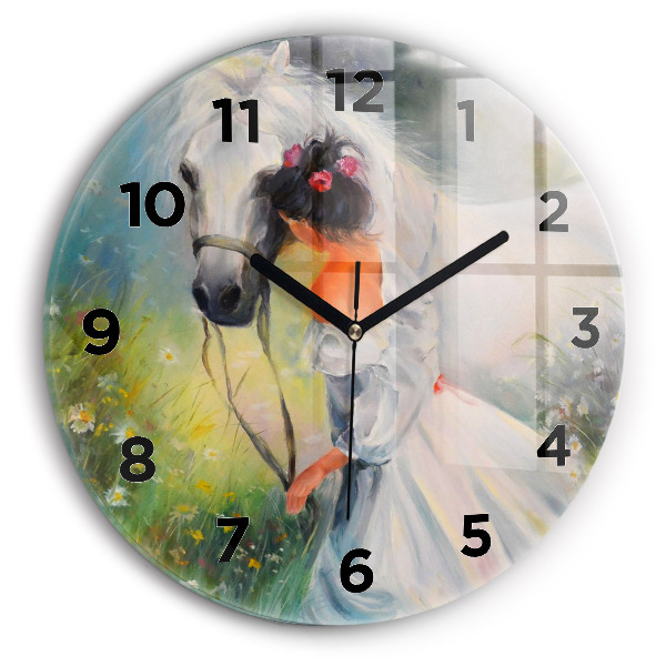 Round glass wall clock Beautiful woman with a horse
