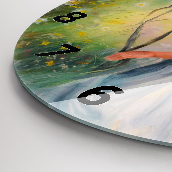 Round glass wall clock Beautiful woman with a horse