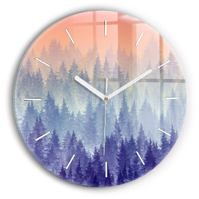 Round glass wall clock Forest in the fog