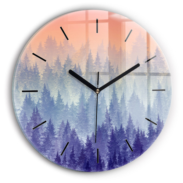 Round glass wall clock Forest in the fog