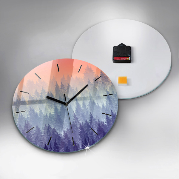 Round glass wall clock Forest in the fog