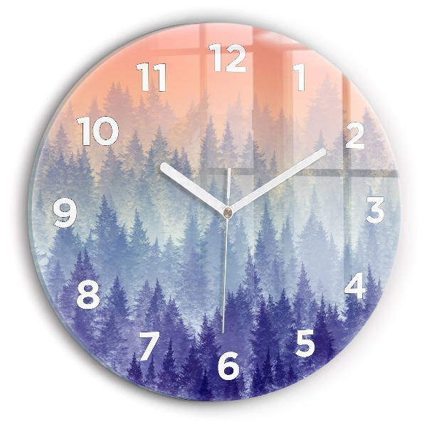 Round glass wall clock Forest in the fog
