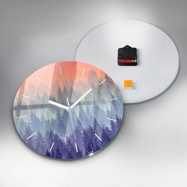 Round glass wall clock Forest in the fog