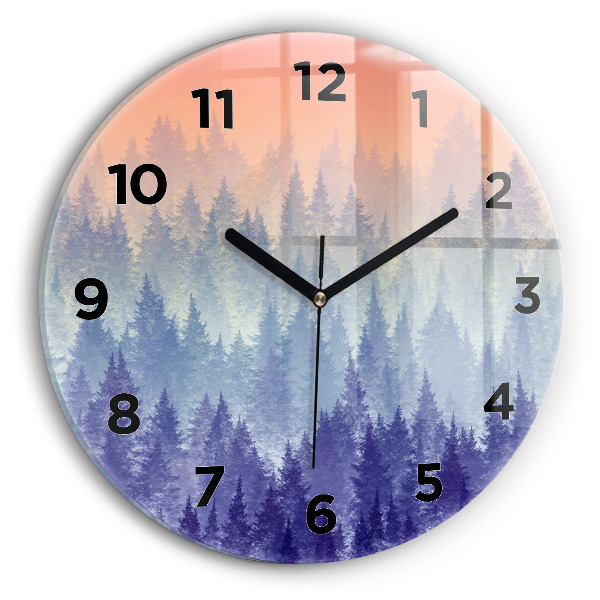 Round glass wall clock Forest in the fog