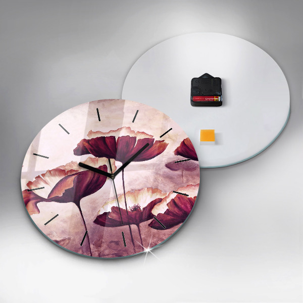 Round glass wall clock Blooming poppies