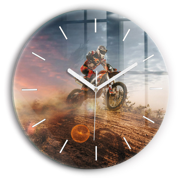 Round glass wall clock Man on a motorcycle