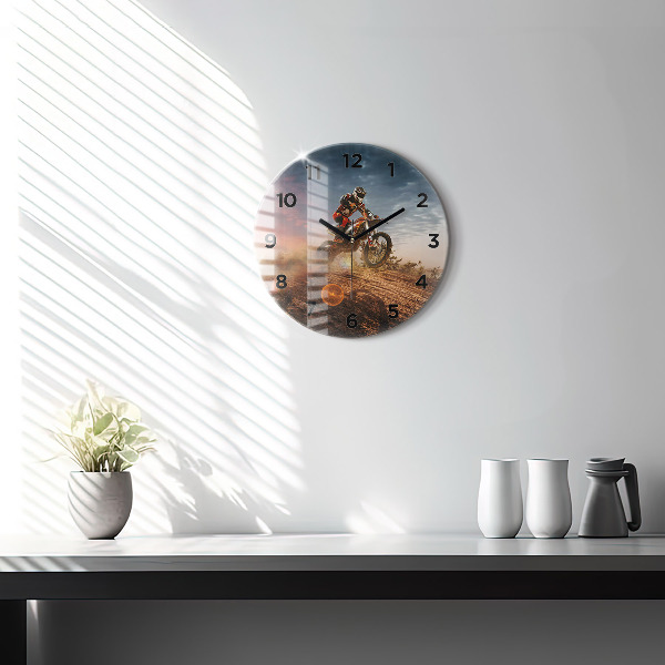 Round glass wall clock Man on a motorcycle