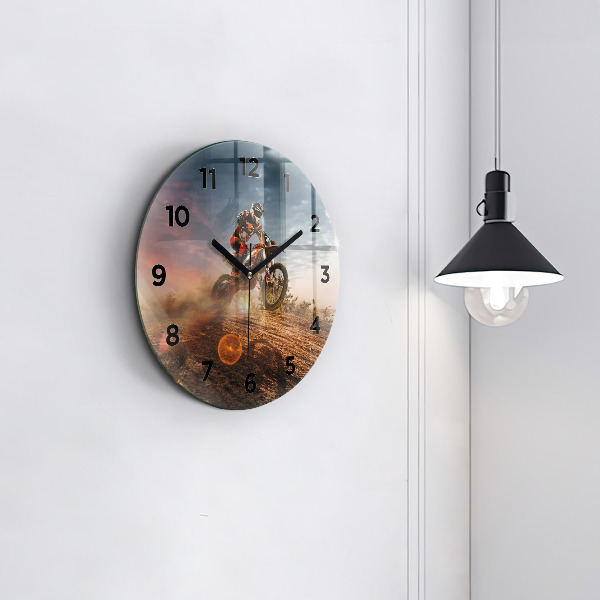 Round glass wall clock Man on a motorcycle