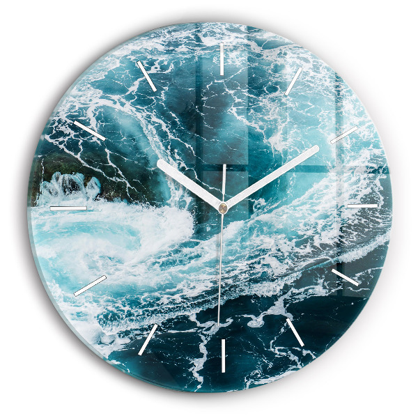 Round glass wall clock Swirling foamy waves