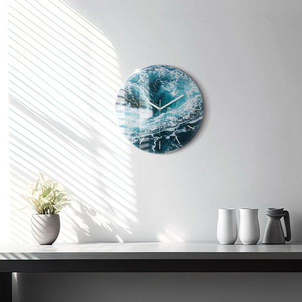 Round glass wall clock Swirling foamy waves