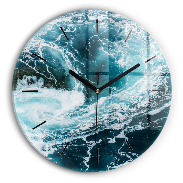 Round glass wall clock Swirling foamy waves