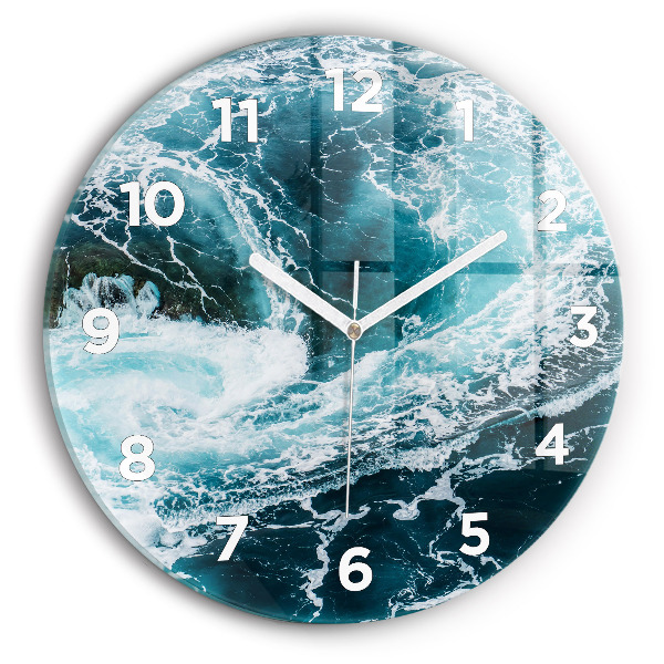 Round glass wall clock Swirling foamy waves
