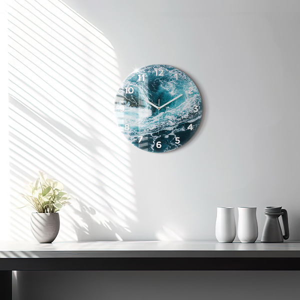 Round glass wall clock Swirling foamy waves