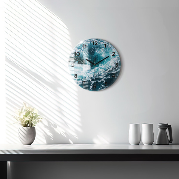 Round glass wall clock Swirling foamy waves