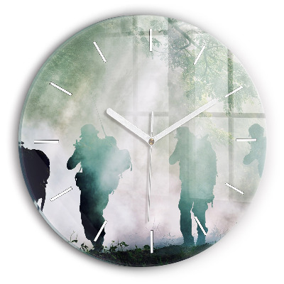 Round glass wall clock Army in the forest soldiers