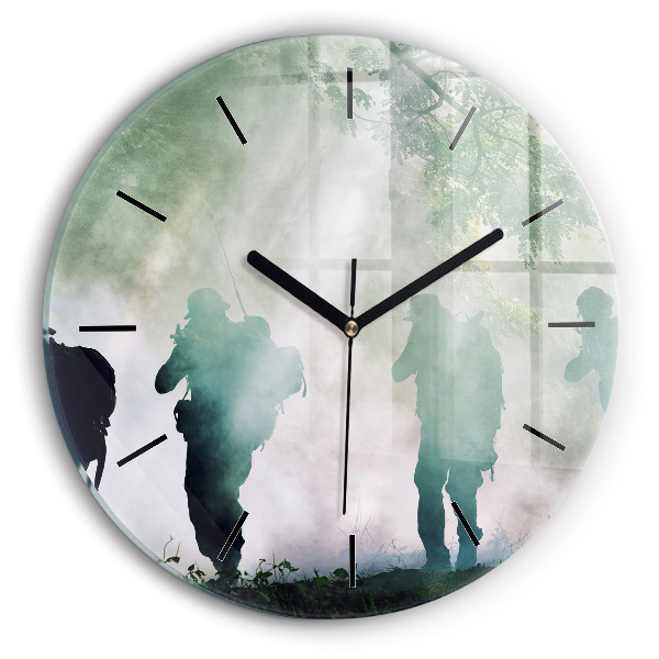 Round glass wall clock Army in the forest soldiers