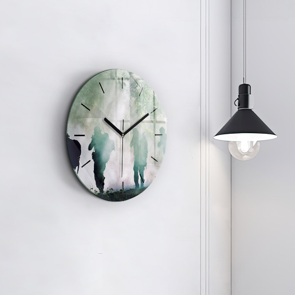 Round glass wall clock Army in the forest soldiers