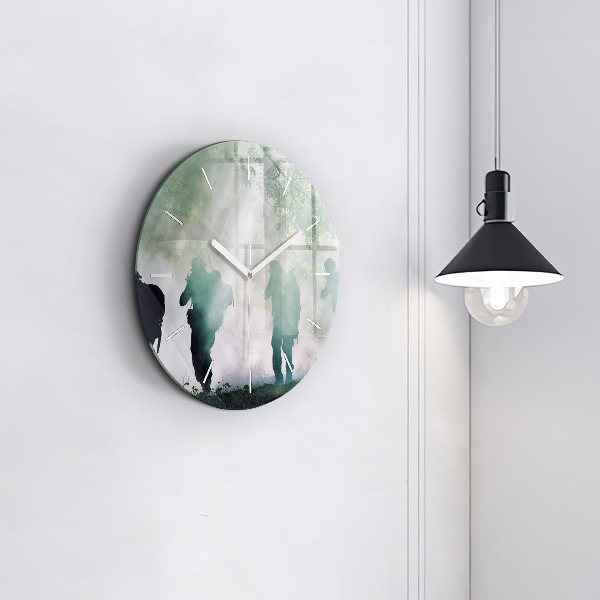 Round glass wall clock Army in the forest soldiers