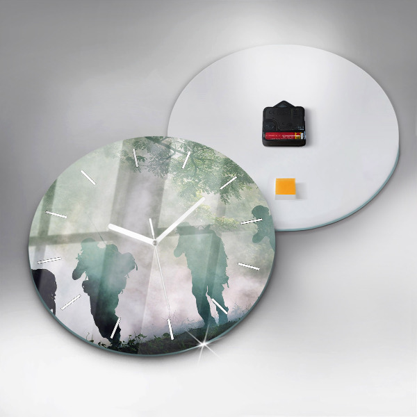 Round glass wall clock Army in the forest soldiers