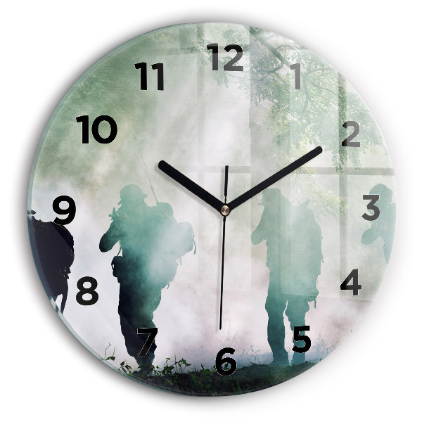 Round glass wall clock Army in the forest soldiers