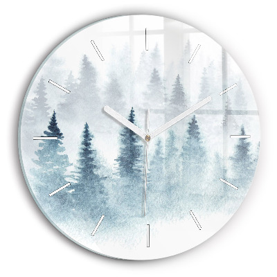 Round glass wall clock Winter forest