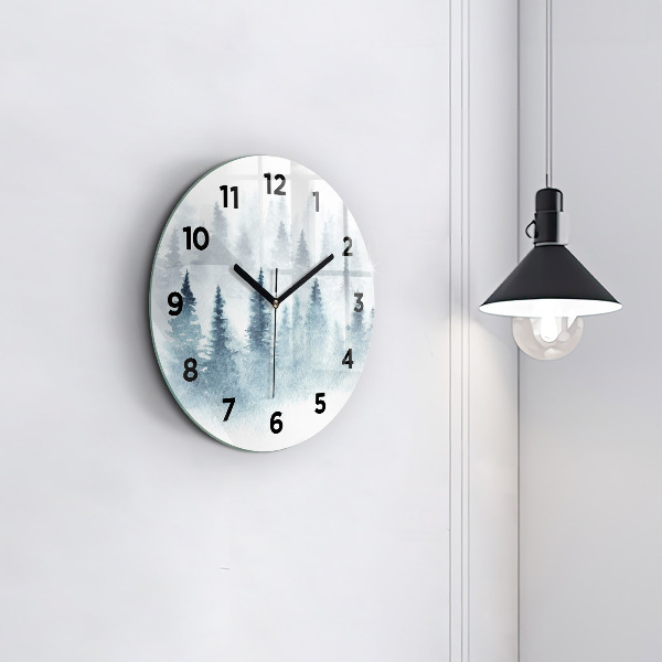 Round glass wall clock Winter forest