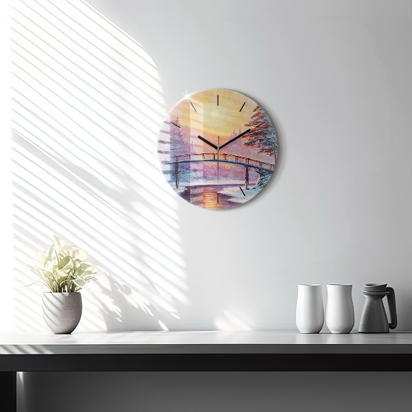 Round glass wall clock Christmas tree and bridge