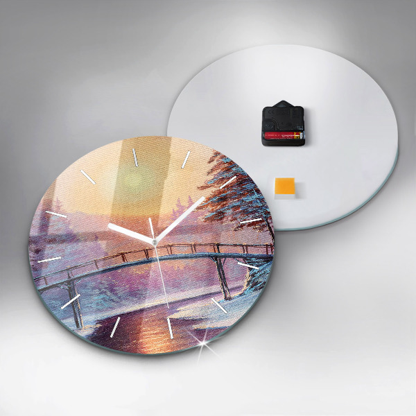 Round glass wall clock Christmas tree and bridge